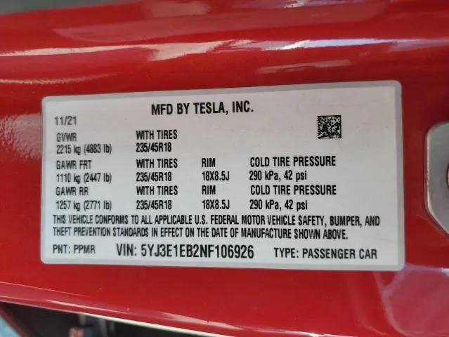 2022 TESLA MODEL 3   