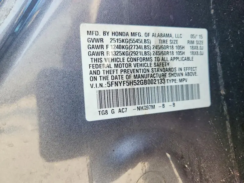 2016 HONDA PILOT EXL  