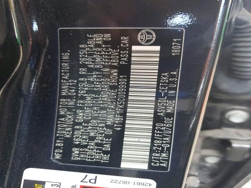 2012 TOYOTA CAMRY SE  