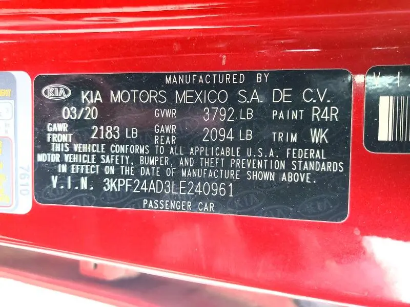 2020 KIA FORTE LXS  