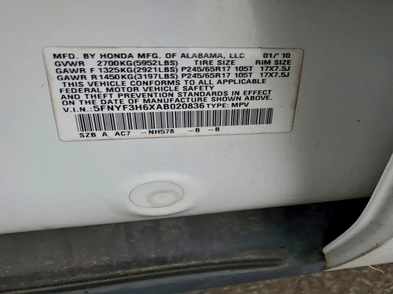 2010 HONDA PILOT EXL  