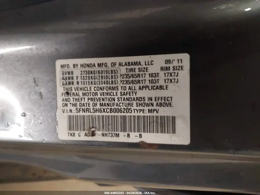 2012 HONDA ODYSSEY EX-L