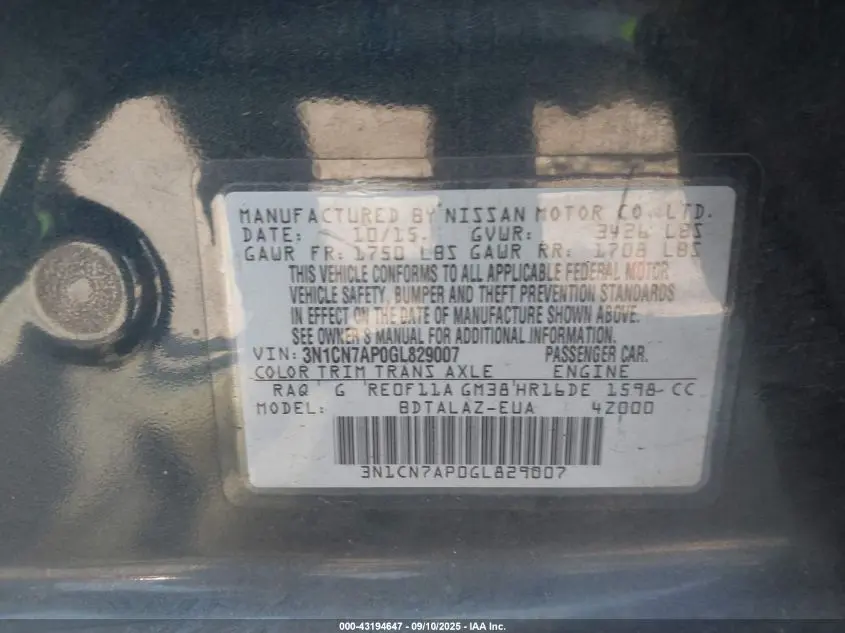 2016 NISSAN VERSA 1.6 S+