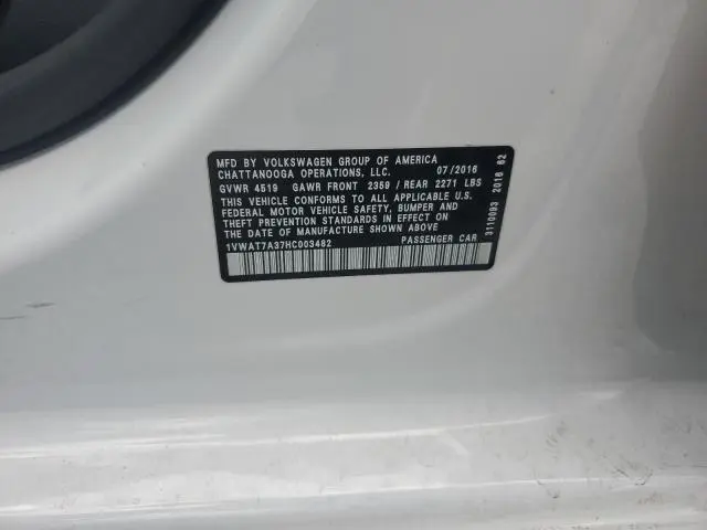 2017 VOLKSWAGEN PASSAT S