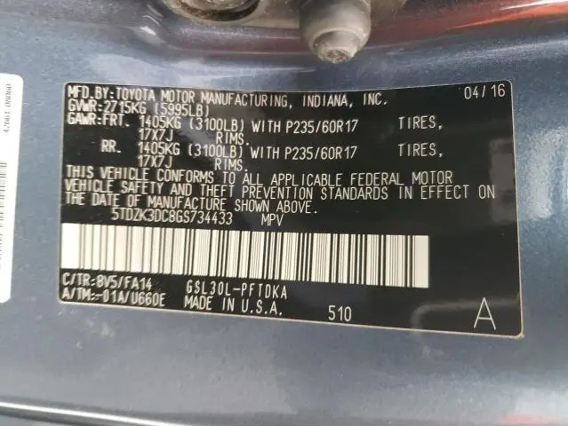 2016 TOYOTA SIENNA   