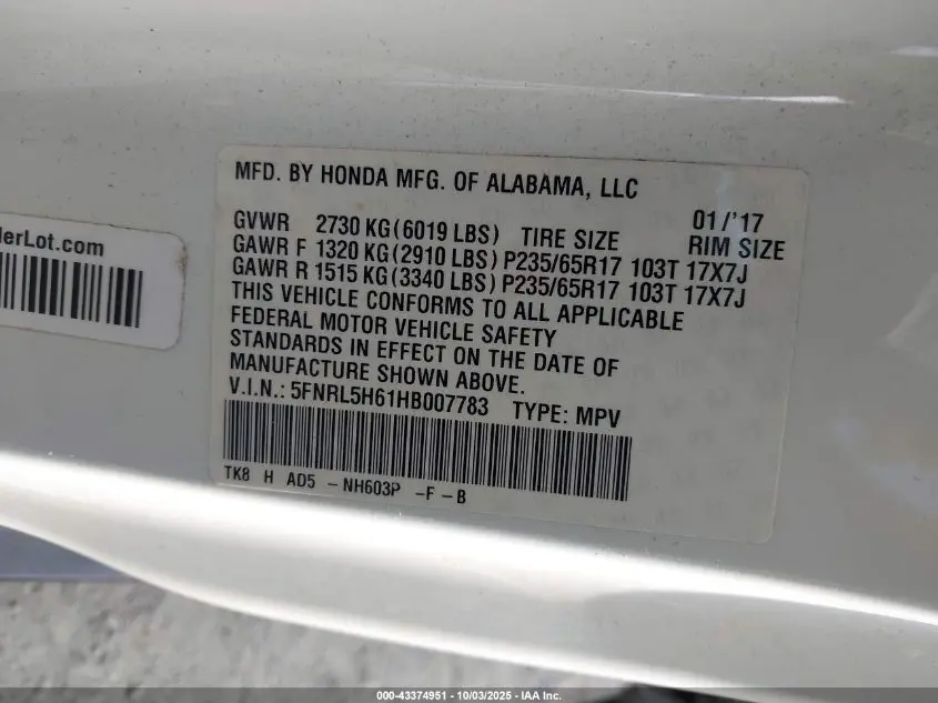 2017 HONDA ODYSSEY EX-L