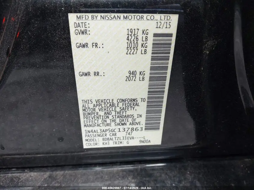 2016 NISSAN ALTIMA 2.5 SL