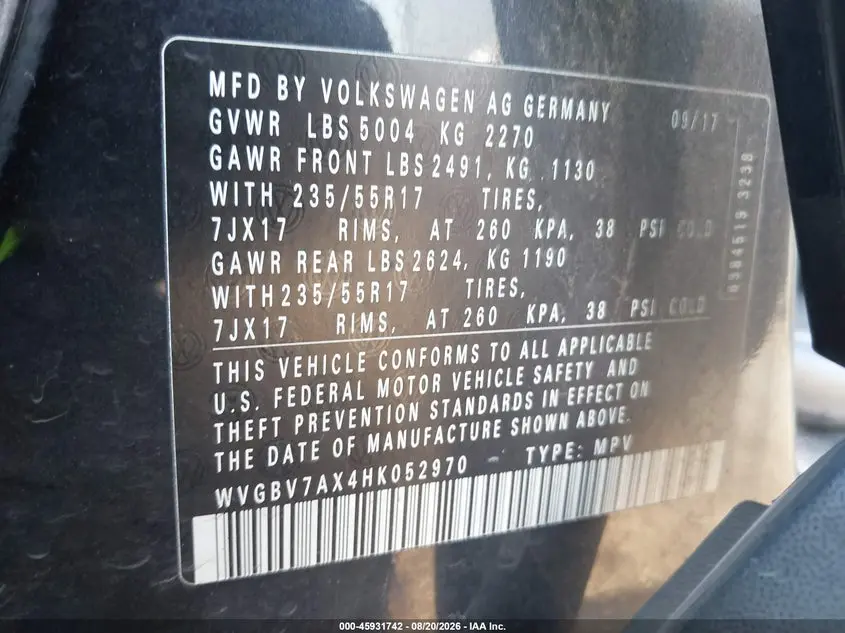 2017 VOLKSWAGEN TIGUAN 2.0T/2.0T S