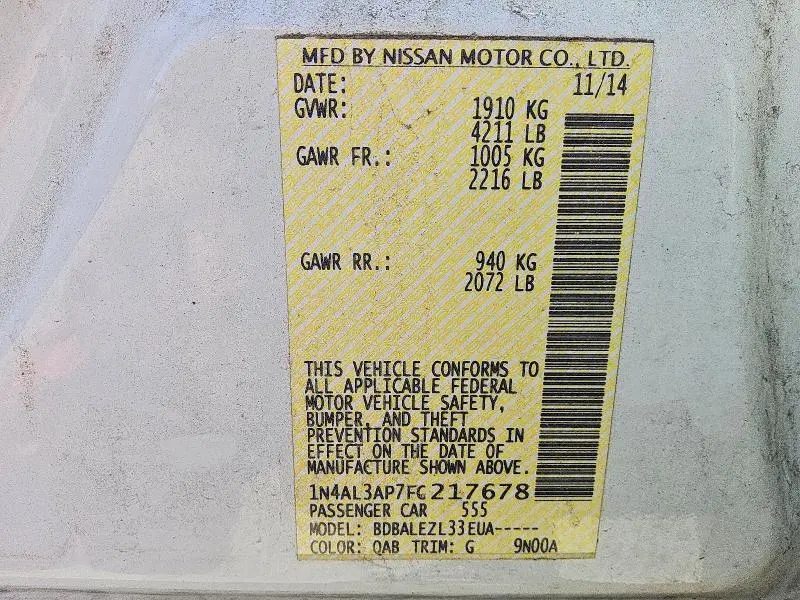 2015 NISSAN ALTIMA 2.5 S  