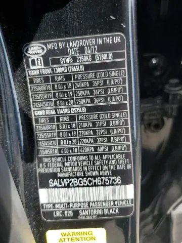 2012 LAND ROVER RANGE ROVER EVOQUE PURE PLUS  