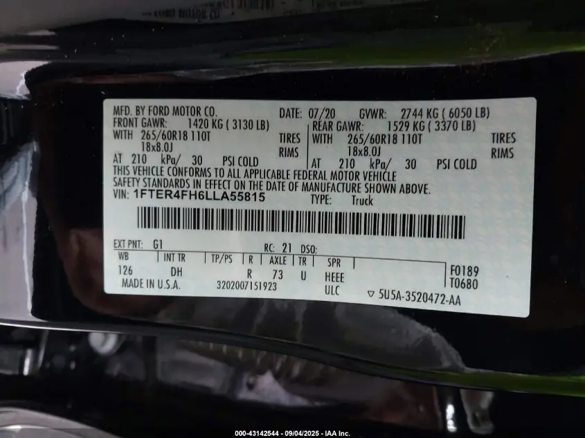 2020 FORD RANGER LARIAT