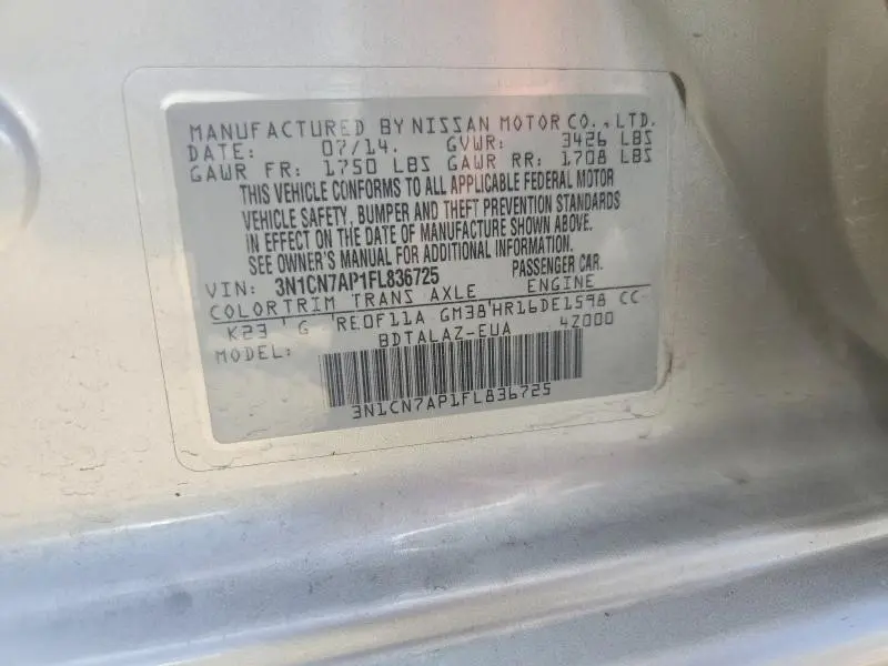 2015 NISSAN VERSA 1.6 S PLUS  