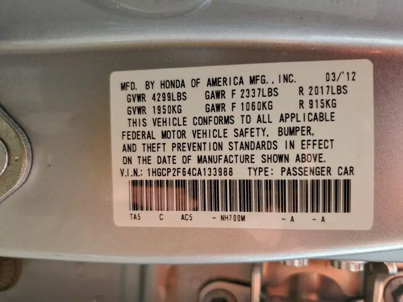 2012 HONDA ACCORD   