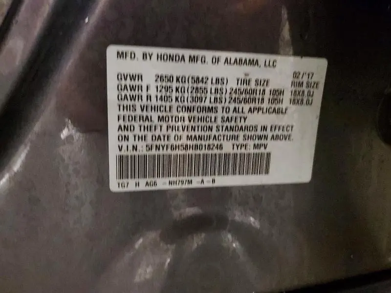 2017 HONDA PILOT EXL  