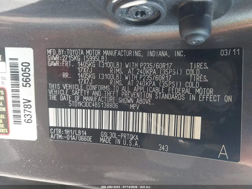 2011 TOYOTA SIENNA XLE V6