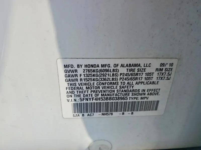 2011 HONDA PILOT EXL  