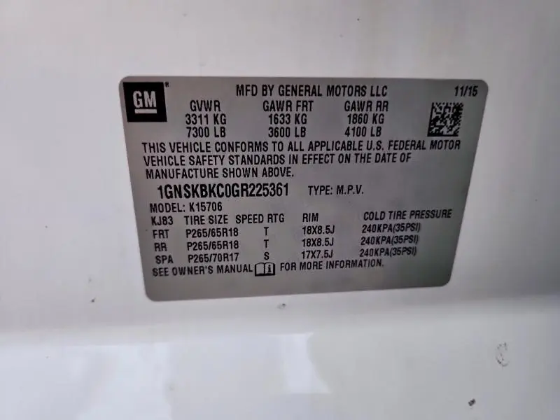 2016 CHEVROLET TAHOE K1500 LT  