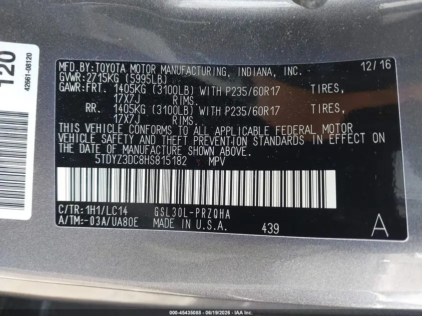 2017 TOYOTA SIENNA XLE 8 PASSENGER