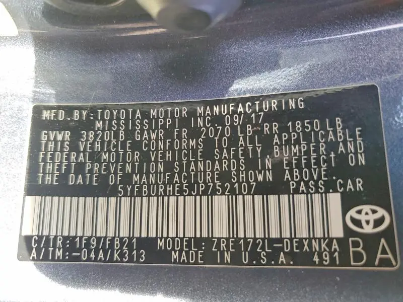 2018 TOYOTA COROLLA L  