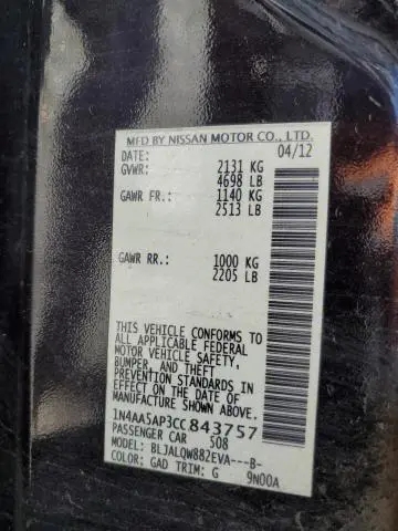 2012 NISSAN MAXIMA S  