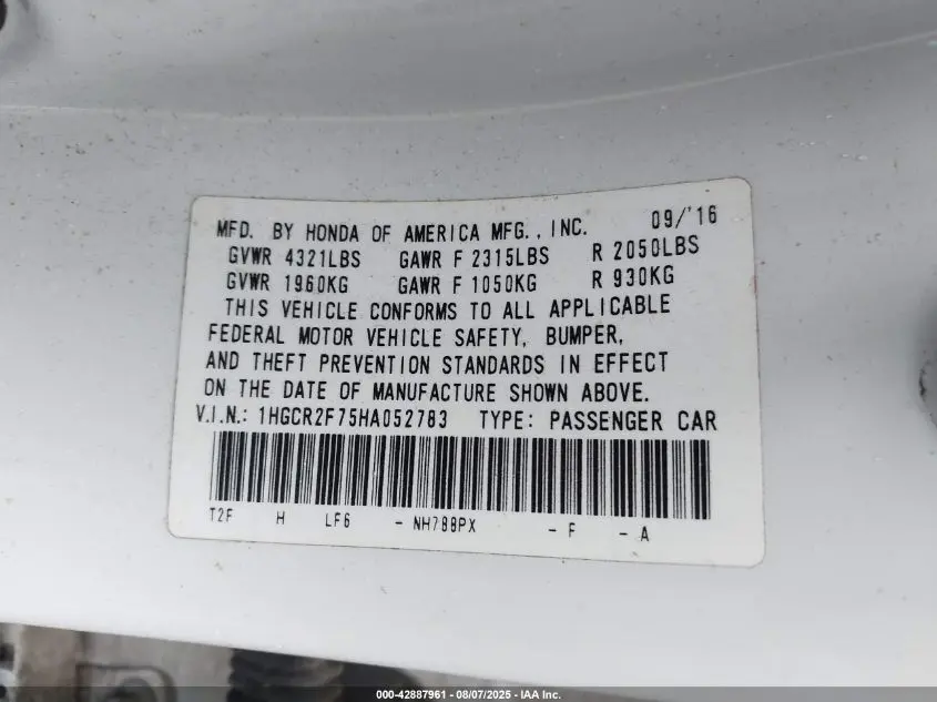 2017 HONDA ACCORD EX