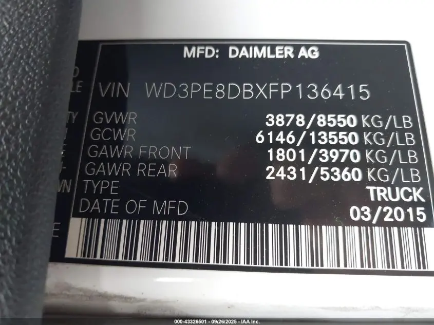 2015 MERCEDES-BENZ SPRINTER 2500 HIGH ROOF