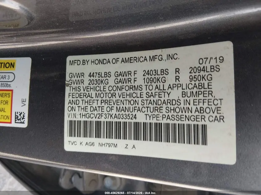 2019 HONDA ACCORD SPORT 2.0T