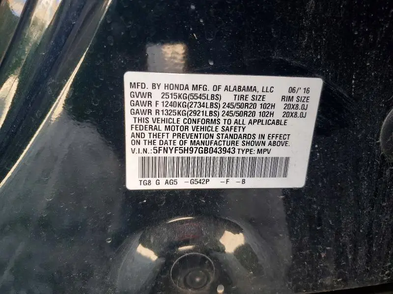 2016 HONDA PILOT TOURING  