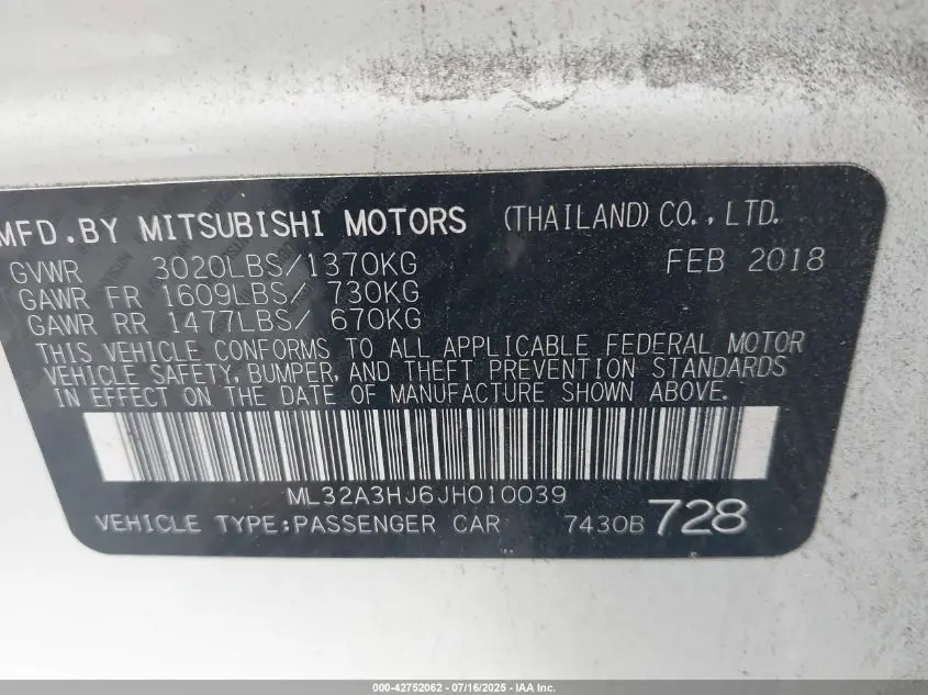 2018 MITSUBISHI MIRAGE ES
