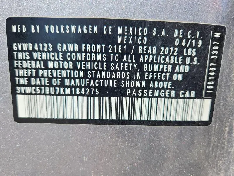 2019 VOLKSWAGEN JETTA S  