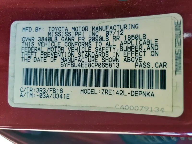 2012 TOYOTA COROLLA BASE  