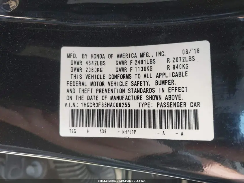 2017 HONDA ACCORD EX-L V6