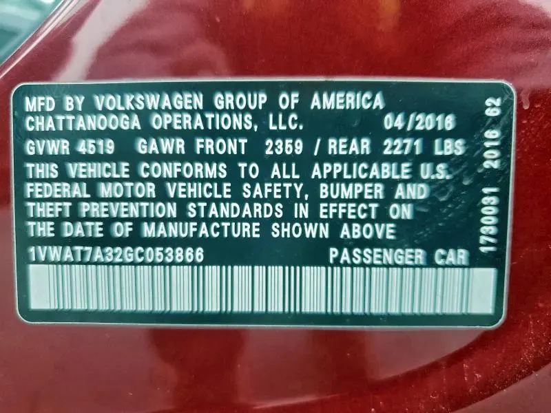 2016 VOLKSWAGEN PASSAT S  