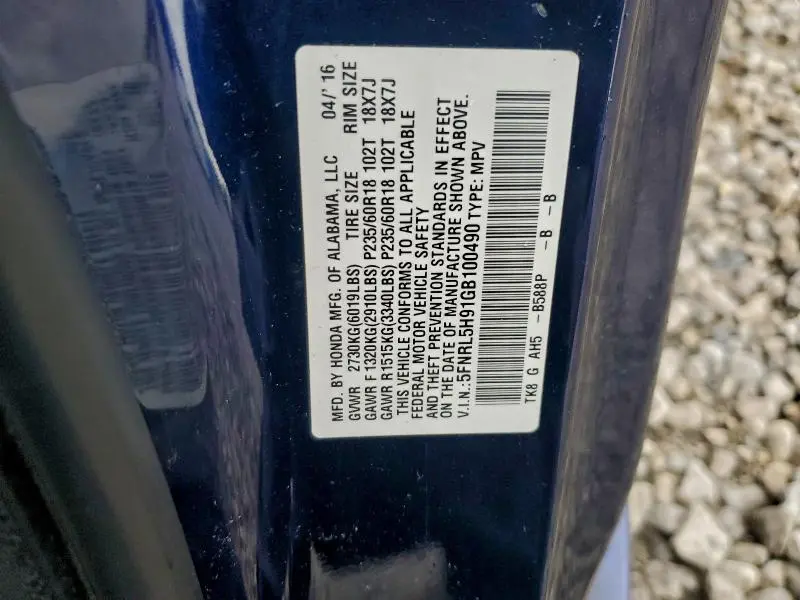 2016 HONDA ODYSSEY TOURING  