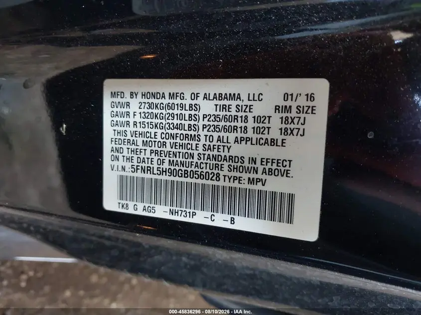 2016 HONDA ODYSSEY TOURING/TOURING ELITE