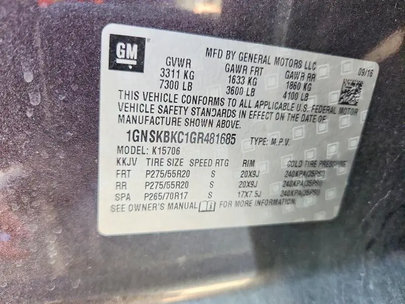2016 CHEVROLET TAHOE K1500 LT  