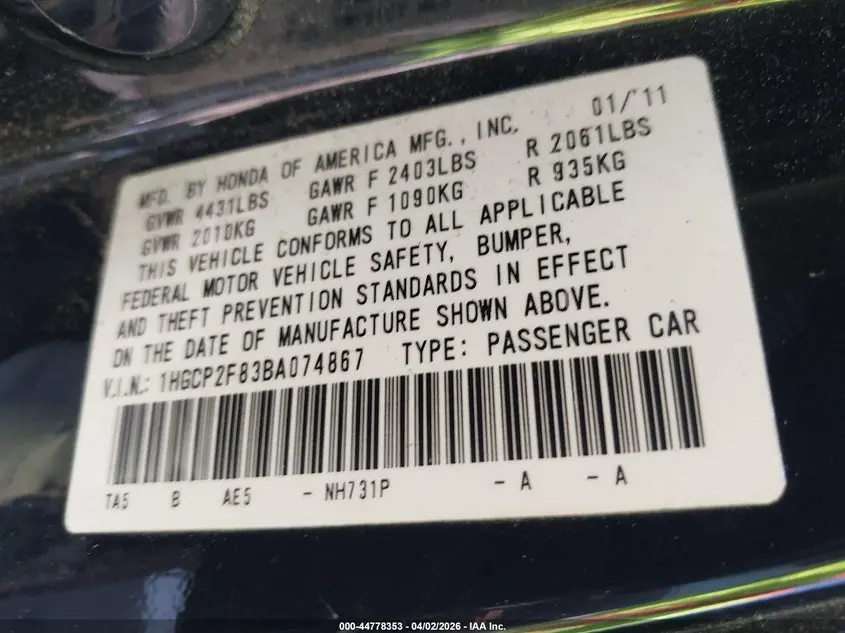 2011 HONDA ACCORD 2.4 EX-L