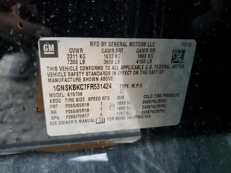 2015 CHEVROLET TAHOE K1500 LT  