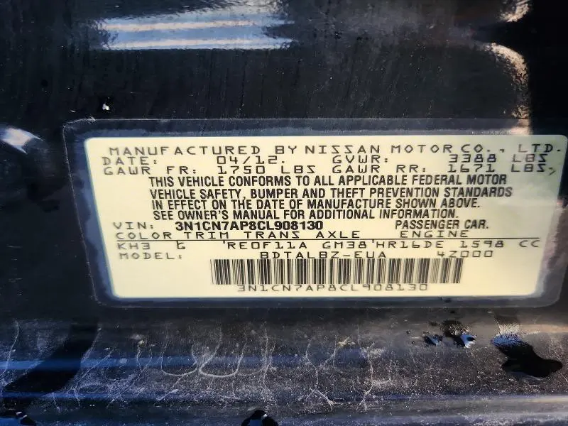 2012 NISSAN VERSA 1.6 S  