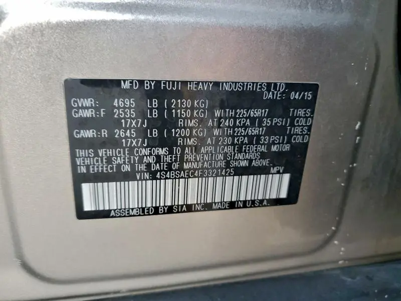 2015 SUBARU OUTBACK 2.5I PREMIUM  