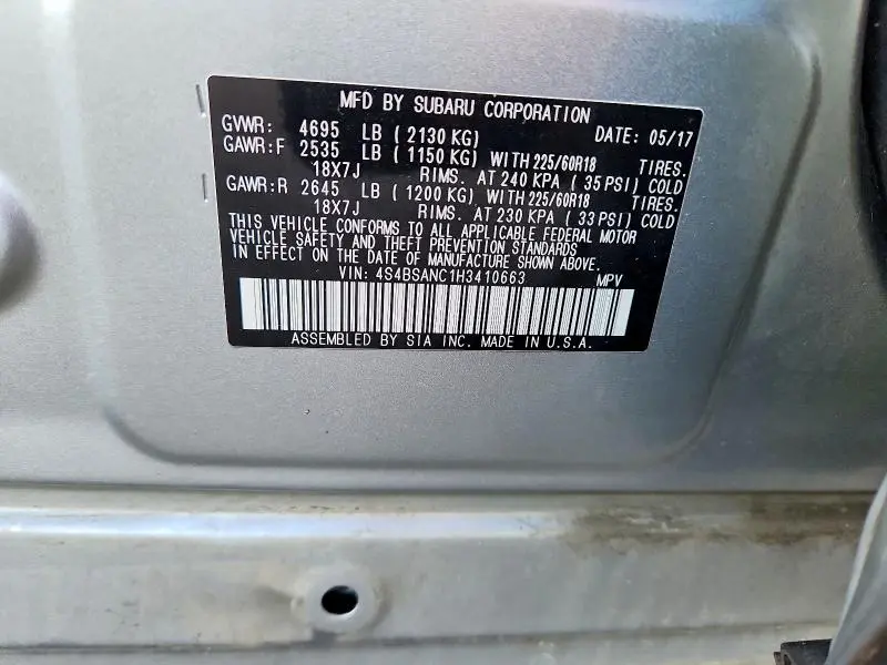 2017 SUBARU OUTBACK 2.5I LIMITED  