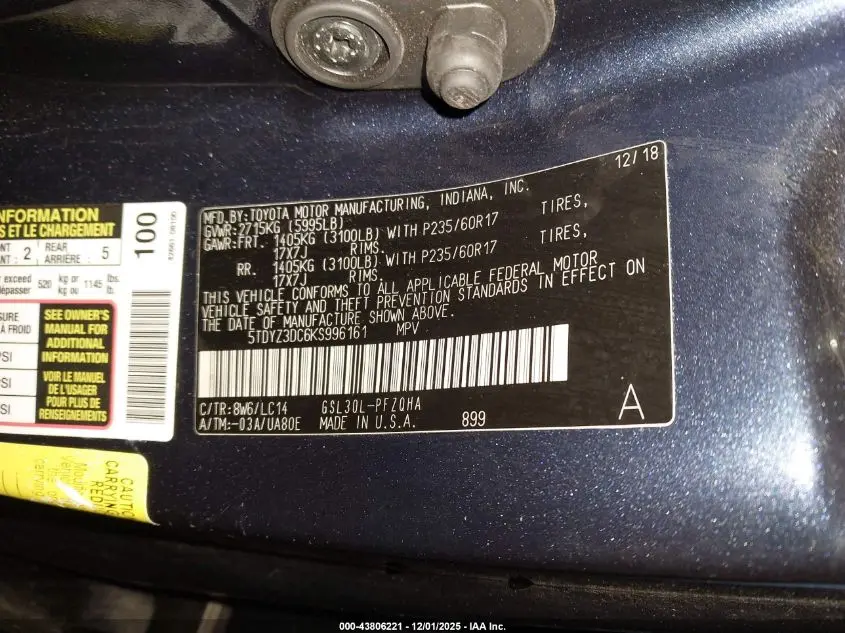 2019 TOYOTA SIENNA XLE 7 PASSENGER