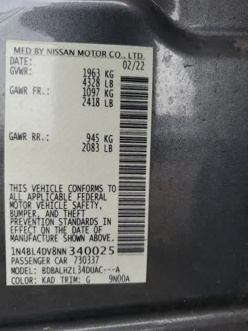 2022 NISSAN ALTIMA SV  