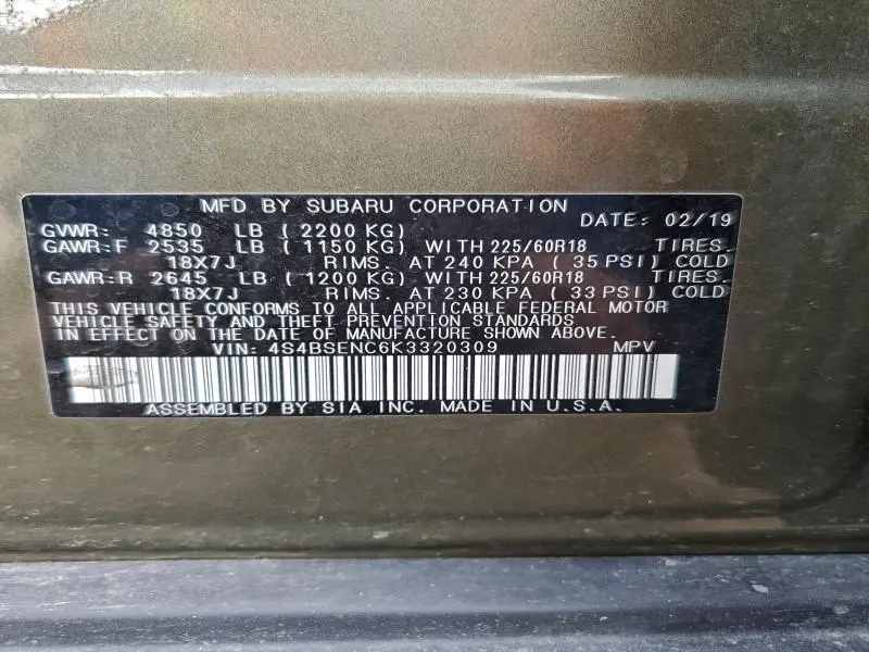 2019 SUBARU OUTBACK 3.6R LIMITED  