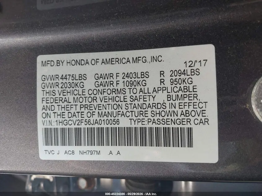 2018 HONDA ACCORD EX-L 2.0T