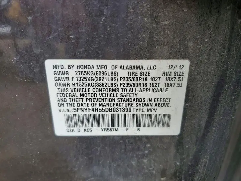 2013 HONDA PILOT EXL  