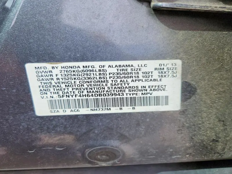 2013 HONDA PILOT EXL  