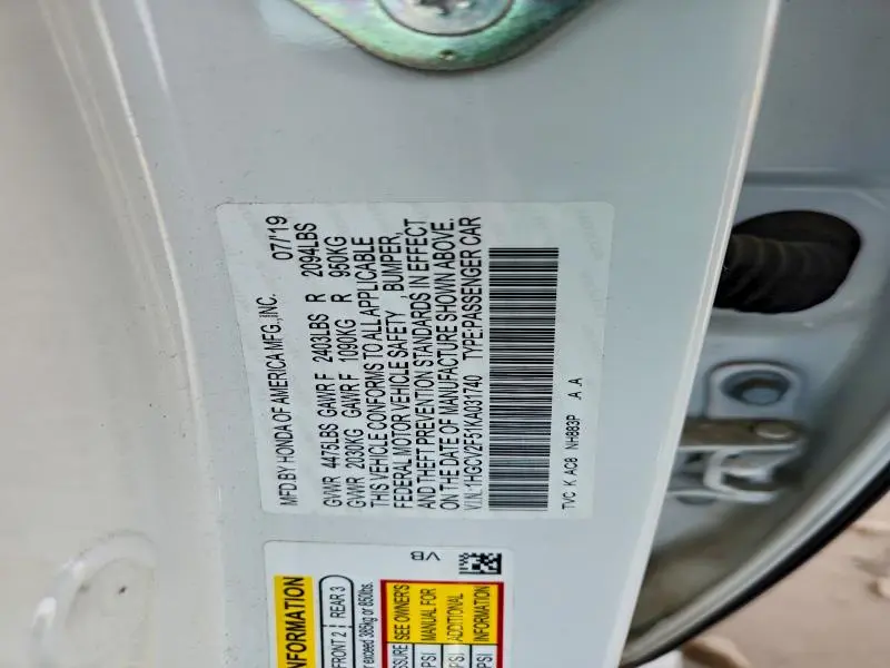 2019 HONDA ACCORD EXL  