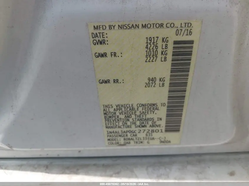 2016 NISSAN ALTIMA 2.5 SL