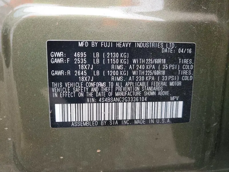 2016 SUBARU OUTBACK 2.5I LIMITED  